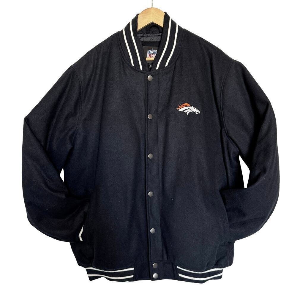 NFL Denver Broncos Wool Blend Varsity Bomber Jacket Navy Blue Mens Size L